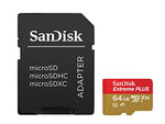 SanDisk Extreme PLUS 64GB microSDXC Memory Card + SD Adapter up to 100MB/s, Class 10, U3, V30, A1